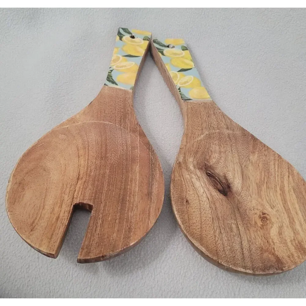 Set 2 Lemon Print Wood Fork Spoon Salad SERVING Utensils Teal Blue Yellow